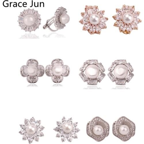 GRACE JUN New Original Design CZ Pearl Clip on Earrings for Women Bridal Wedding Party Cute No Pierced Hypo-Allergenic Ear Clip