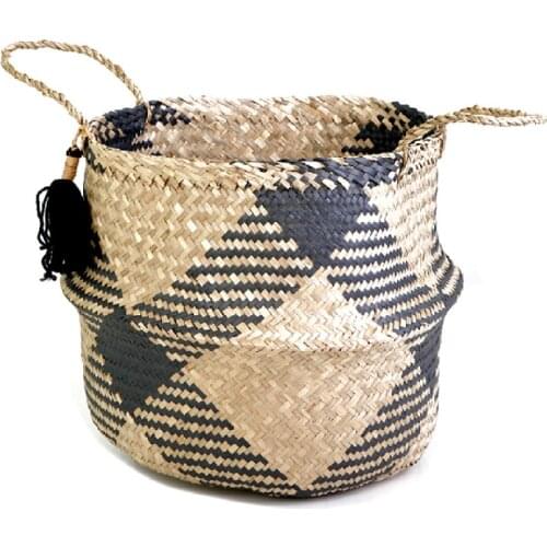 Black Tassels Folding Pot-Bellied Wicker Basket, 35 cm Traditional Authentic Regional Orginal High Quality