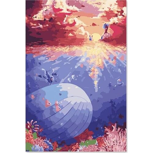 Digital oil painting cartoon blue romantic fantasy whale maidens hand finish the new house paintings by numbers on canvas
