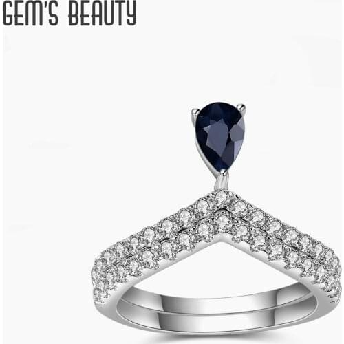 GEMS BEAUTY 925 Sterling Silver Chevron V Band 2 Ring Set Handmade Stacking Finger Ring For Women with Natural Blue Sapphire