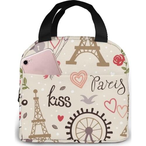 Insulated Lunch Bag Thermal Retro French Landmarks Locks Balloons Eiffel Tower Tote Bags Cooler Picnic Bag For Women Girls Men