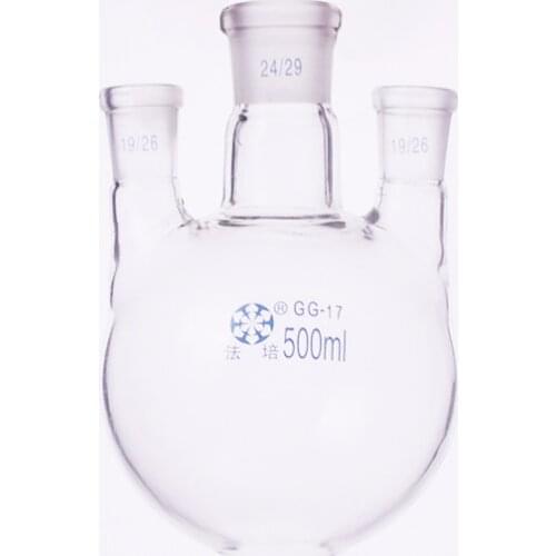 Three-necked flask straight shape,with three necks standard ground mouth,Capacity 500ml,Middle joint 24/29,lateral joint 19/26