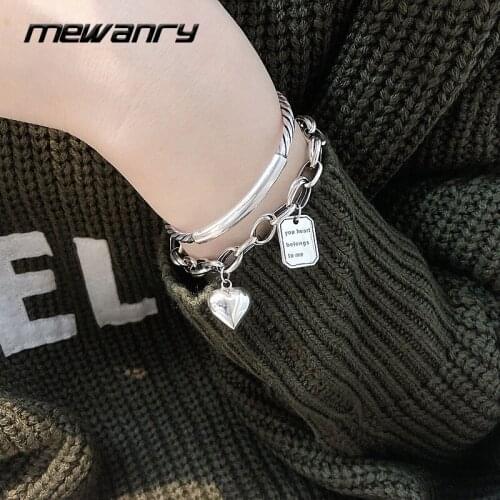 MEWANRY 925 Sterling Silver LOVE Heart Bracelets for Women Trend Vintage Twist Texture Bangles Party Jewelry Couples Accessories