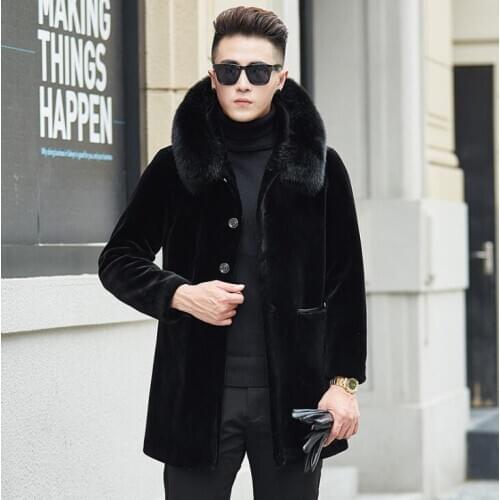 Mink fur leather jacket mens warm big fur collar faux fur leather coat men loose jackets winter autumn thicken hooded black
