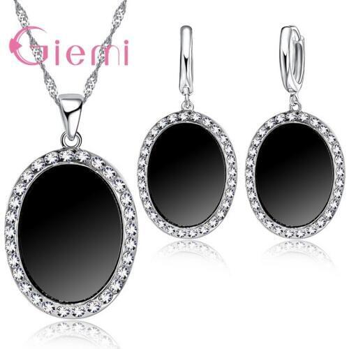 Classic Shiny Crystal Jewelry Set With Charm Black Oval CZ Pendant Necklace+Drop Earrings+Silver Chains Sets For Women