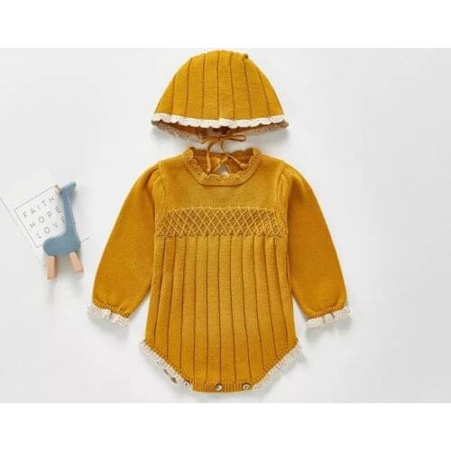 0-24M Newborn Baby Girls Knitted Romper Hat Baby Clothes Cotton Woolen Baby Rompers Ruffle Infant Baby Jumpsuit Twins Clothes