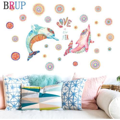 Romantic Cartoon Couple Dolphins Wall Stickers Love Home Decor for Couple Room Colorful Animals Kids Room Decoration Removable