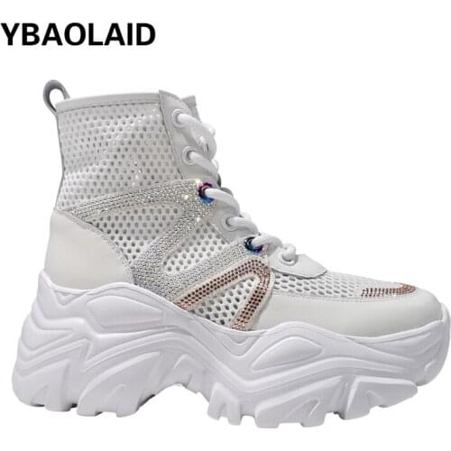 Round Head Cowhide Rhinestone Hollow Breathable Mesh Cross Straps Muffin Thick Bottom Casual High-top Sandals White Shoes