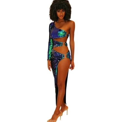 Sexy One Shoulder Celebrity Party Sequin Dress Women Long Sleeve Hollow Out Asymmetrical Ankle-Length Club Evening Maxi Dresses