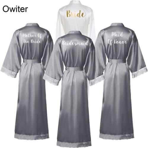 Gray Silk Satin Lace Robes Bridesmaid Bride Robes Bridesmaid Robes Women Wedding Long Robe Bathrobe White Robe
