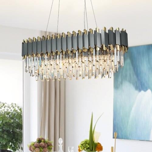 LED Dining Room Art Deco Black Golden Stainless Steel Crystal Chandelier Hanging Lamp Lighting Lustre Chandelier Lighting