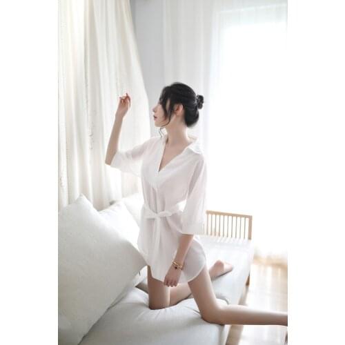 Lady Sexy Nightshirt Sleepwear Boyfriend Shirt Deep V Transparent Chiffon Skirt Pajamas Intimate Lingerie