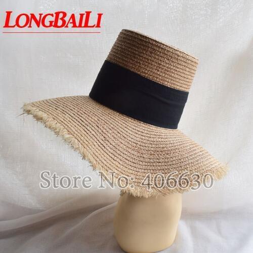Summer Fashion 12cm Large Brim Raffia Straw Sun Beach Hats For Women Flat Top Floppy Hat Female SWDS039