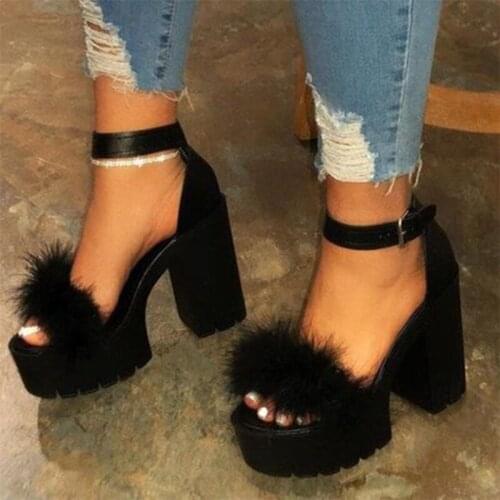 Woman Furry Sandals High Heels with Fur Female Platform Pumps Women Ankle Strap Womens Wedge Shoes 2020 Summer Dropshipping