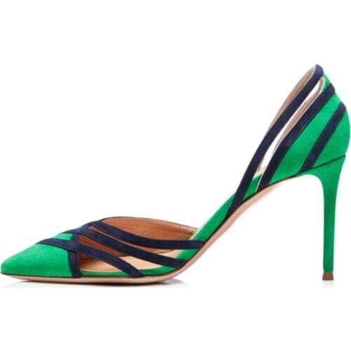 Linamong New Woman Green Black Patchwork Suede Pointed Toe Simple Pumps Shallow Stiletto Heels Sexy Slip On Dress Pumps Shoes
