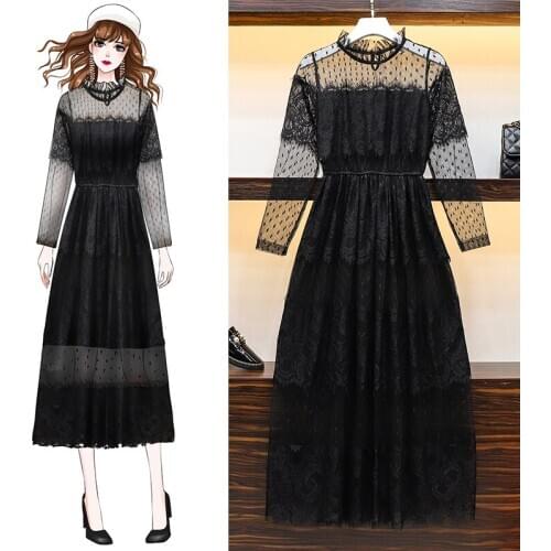 2020 Spring Summer Vestidos Lace White Long-sleeved New Stand Collar Womens Dress Lace Gauze Slim Black Bottoming Vestidos Z565