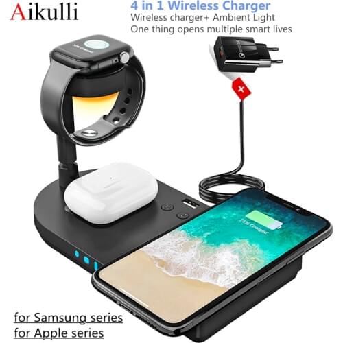 Wireless Charger Stand Qi 15W Fast Wireless Charging Dock Station with Bedside Lamp for iPhone Samsung for AirPods iwatch Charge