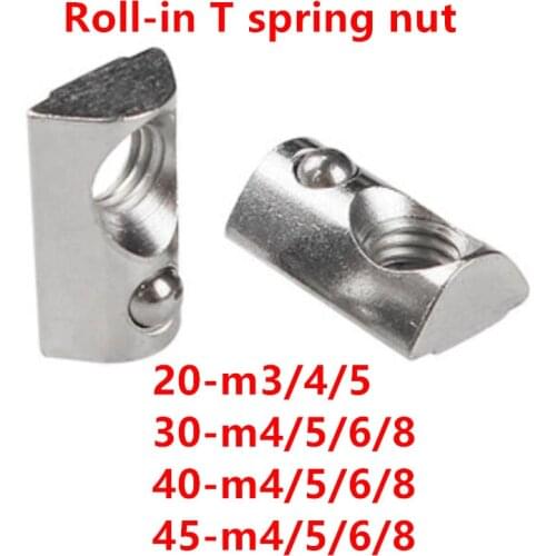 50/20pcs M3 M4 M5 M6 M8 Roll in Spring T-nut with Ball for Aluminum Extrusion with Profile 20/30/40/45 Series Aluminum Profile