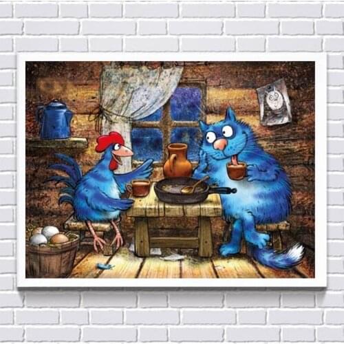 5D DIY Diamond Embroidery Animal Blue Cat and Rooster Mosaic Pattern Diamond Picture Cross stitch Home decoration mural FG1276