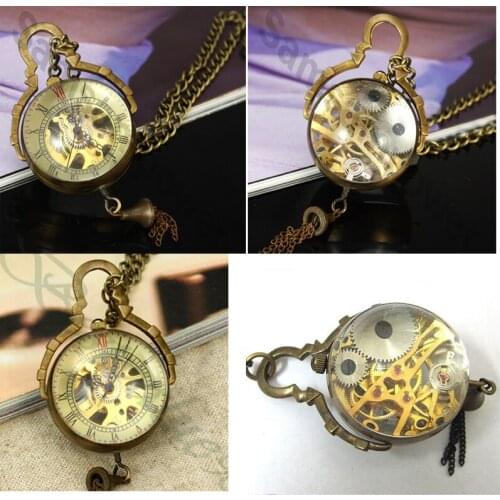 8045) hot selling 6pcs/lot Steampunk Brass Copper Glass Ball Mechanical Pocket Watch Necklace
