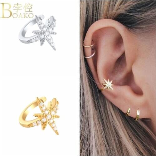 BOAKO 925 Sterling Silver Jewelry Fashion Star Ear Cuff Non Pierced Micro Pave CZ Zircon Small Sized Girl Clip Earring For Women