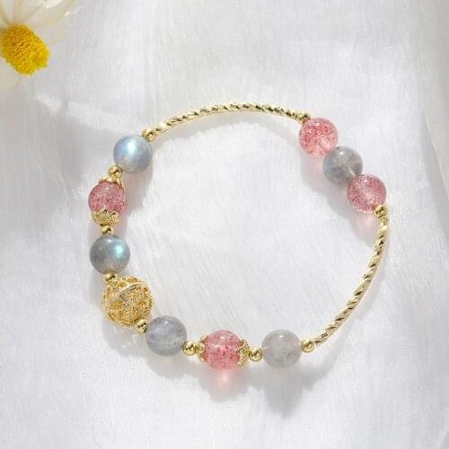 Gold Plating Hollow Ball Natural Strawberry Crystal Moonstones Beaded Strand Bracelets for Women Fashion Jewelry Gifts YBR566