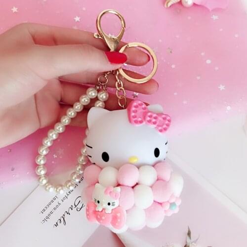 Cute Pompom KT key chain 5 color Cartoon Cat Keyring Pearl Hand Strap Keychain for Women Gril Bag Key Ring Jewelry Trinkets gift