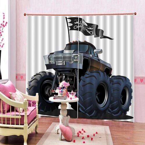 Cars Decor Shower Curtain Popular Large Suspension Monster Truck with Dead Skull Pirate Flag Off to Road Curtains