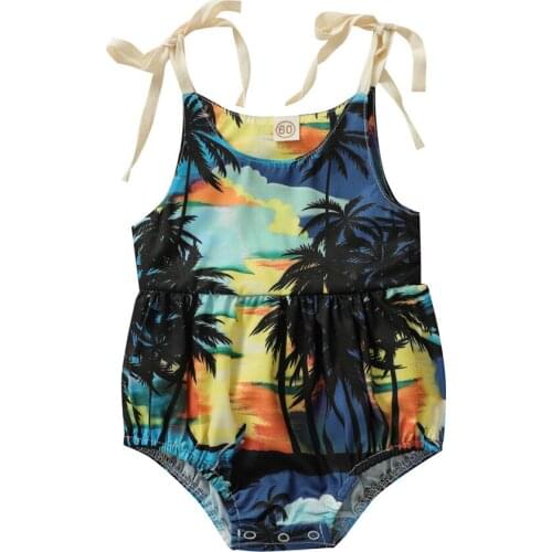 Baby Coconut Tree Print Romper, Girls Sleeveless O-neck Short Sling Jumpsuit for Summer
