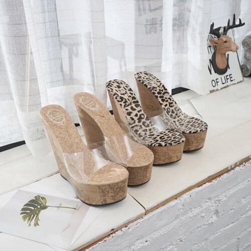 European And American Fashion Sexy Summer High-Heeled Transparent Slope With Waterproof Platform Leopard Print Ladies Slippers