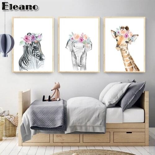 Canvas Lion Poster and Prints Zebra Elephant Giraffe Nursery Animal Wall Art Cartoon Painting Pictures Kids Baby Bedroom Decor