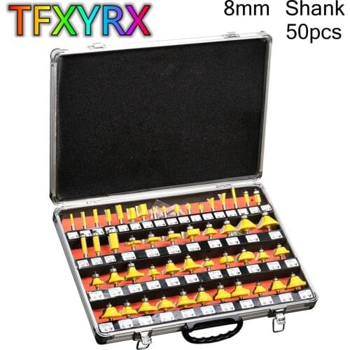 50pcs 8mm Shank DIY Woodworking Router Bit Set Wood Milling Cutters Tungsten Carbide Trimming Knife Woodwork Tools with Case Box