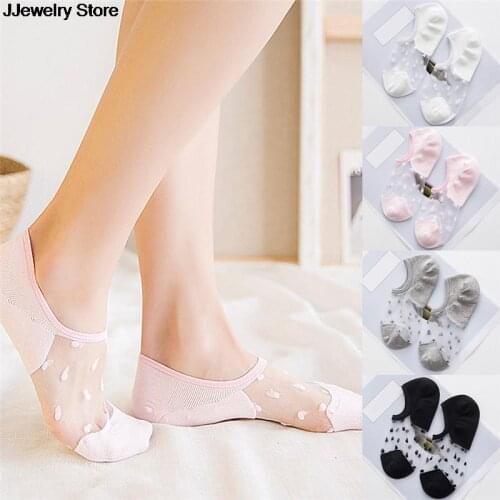 1pair Styleonme Silk Dot Invisible Boat Socks Candy Color Womens Summer Thin Cotton Glass Fiber Socks Slipper