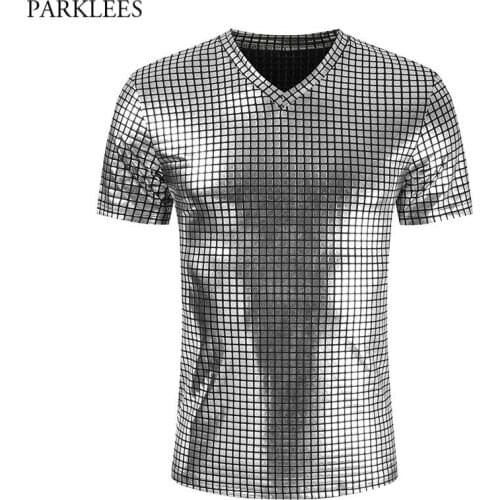 Silver Plaid Metallic Nightclub Wear Tshirt Men 2021 Sexy New Disco Party Stage Prom Tshirts Men Slim Fit V Neck Tee Shirt Homme