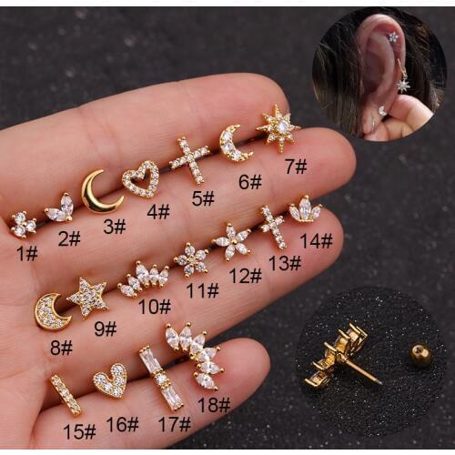 1Pc Gold And Silver Color CZ Cartilage Stud Earring For Women Girls Moon Star Conch Tragus Stud Helix Ear Piercing Jewelry