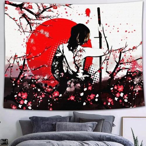 Japan Tapestry Gothic Skull Tapestry Japanese Samurai Tapestery Psychedelic Burning Sun Tapestry for Living Room Dorm