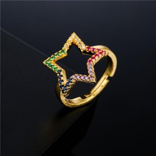 Rainbow Color AAA+ CZ Stone Pave Setting Star Charm Ring For Women Girl Gold Color Wedding Ring Engagement Jewelry Gift