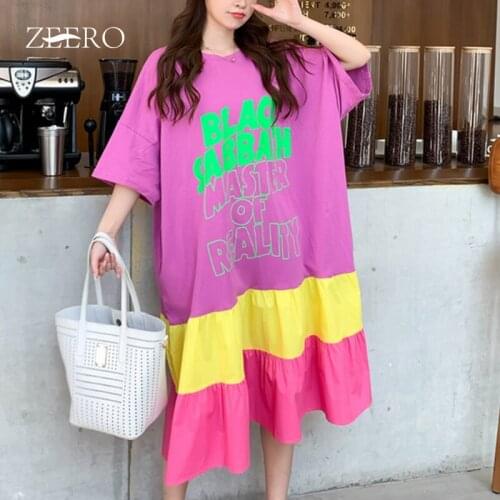 Female Pink Casual Print Letter Splicing Shirring Loose Dresses for Women Summer Raglan Sleeves Midi Dress Vestido De Mujer 3XL