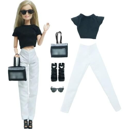 BJDBUS 1 Set Doll Outfit Black T-Shirt Glasses White Trousers High Heels Sandals Shoes Handbag Clothes for Barbie Doll DIY Toys