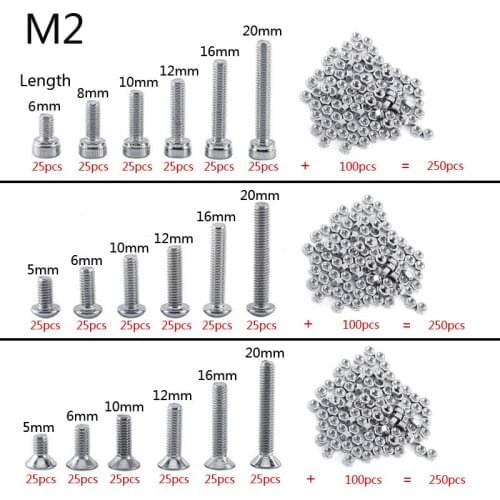 250pc/set A2 Stainless Steel M3 Cap/Button/Flat Head Screws Sets Hex Socket Bolt With Hex Nuts Assortment Kit