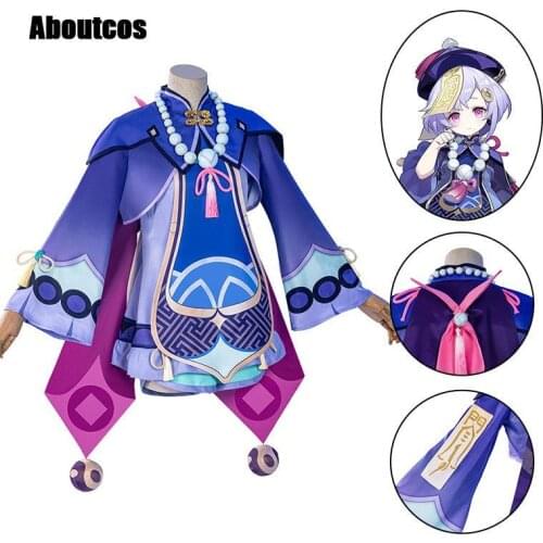 Anime Genshin Impact Qiqi Zombies Freeze Back Into The Night Game Suit Purple Lovely Dress Cosplay Costume Halloween Party Outfi