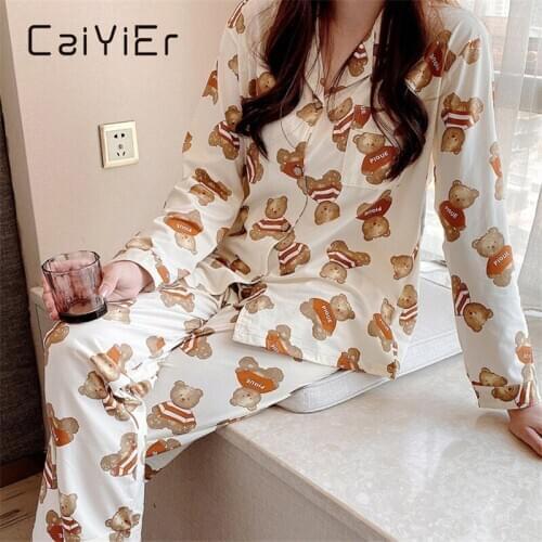 CAIYIER 2020 Bear Print Girls Leisure Pajamas Set Thick Long Sleeve Ulzzang Sleepwear Korea Wither Femme Cute Nightwear Homewear