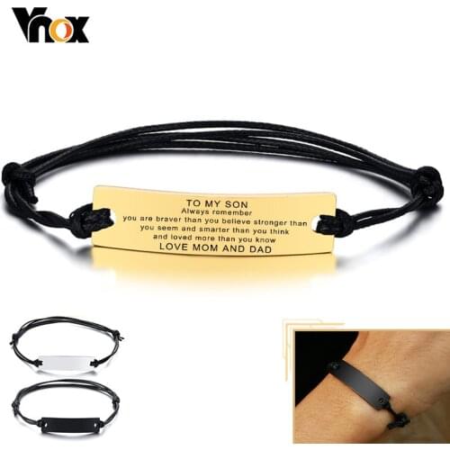 Vnox Casual Personalized Engrave ID Bar Bracelets for Men Women, with Black Rope Chain Length Adjustable,Custom Wristband Gifts