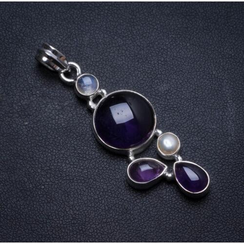 Natural Amethyst and River Pearl Handmade Unique 925 Sterling Silver Pendant 2" X1428