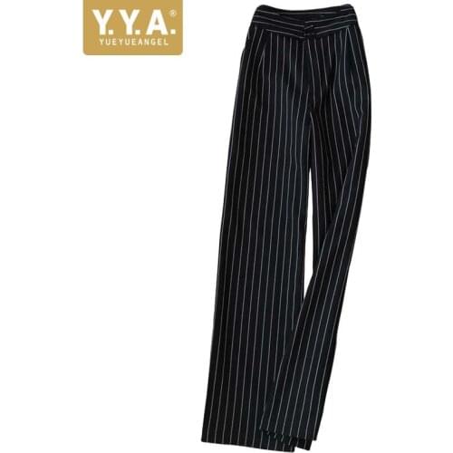 2021 New High Waist Stripe Wide Leg Pants Womens Suit Pants Office Lady Formal Wear Profession Korean Style Female Pants