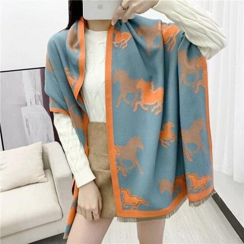 2021 Luxury Women Cashmere Scarf Winter Warm Pashmina Shawls Wraps Design Horse Print Bufanda Thick Blanket Scarves Female