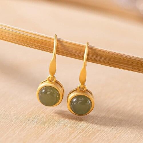 Natural Hetian Jade Gray Jade S925 Sterling Silver Fashion Popular Creative Palace Style Temperament Lady round Earrings Ear Hoo