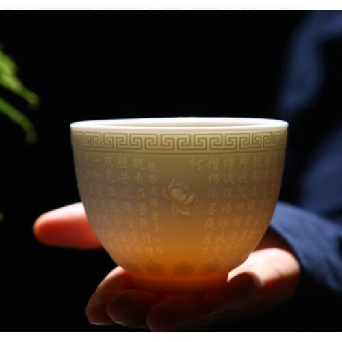 High-grade suet jade white porcelain heart sutra cup, high-grade household tea ceremony cup. Buddhism is Zen