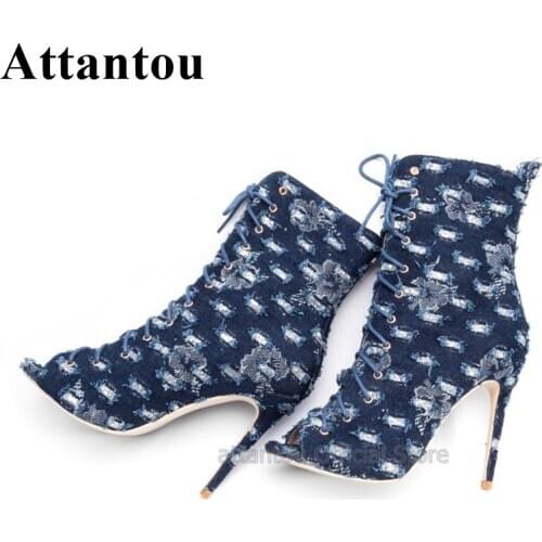 Blue Denim Jeans Peep Toe Thin High Heel Ankle Boots Women Lace Up Cross Tied Straps Short Boots Women