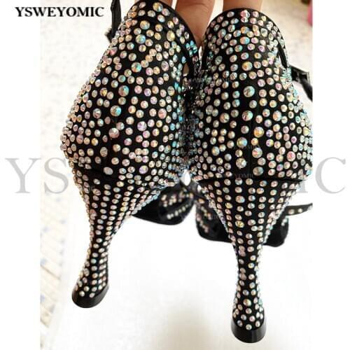 Rhinestones Women Latin Dance Shoes Black Satin AB Crystal High Cuban Heel 9cm Suede Outsole Bachata Salsa Latin Dance Shoes